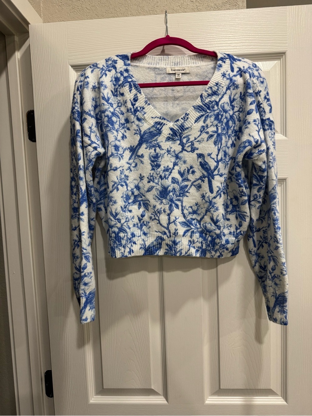 Francesca's Collections Blue & White V-Neck Bird Print Sweater